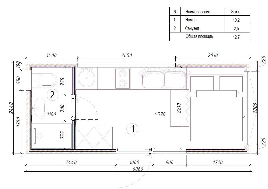 Планировка гостевого дома из контейнера, 13 м²